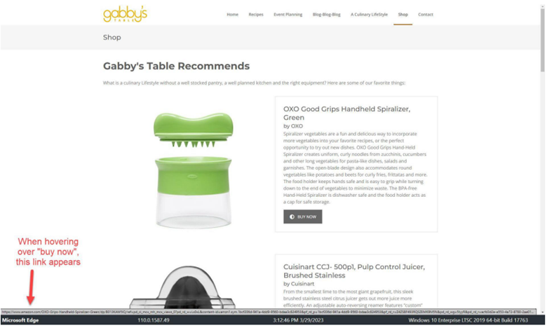 Applicant’s webpage showing GABBY’S TABLE 