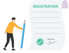 Figure holding a large pencil next to a form displaying REGISTRATION at the top.